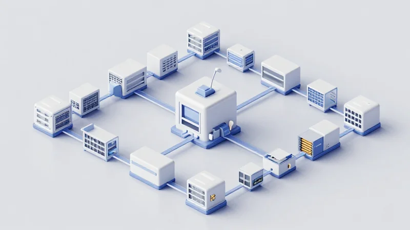 Supply Chain Transparency and Traceability Isometric 3D illustration showing a highly organized supply chain process with connected modules.