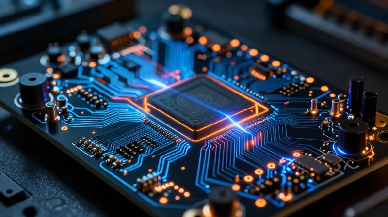 The Direct Link Between PCB Integrity and Aesthetic Laser Performance A high-tech circuit board glowing with energy pulses representing the nervous system of an aesthetic laser
