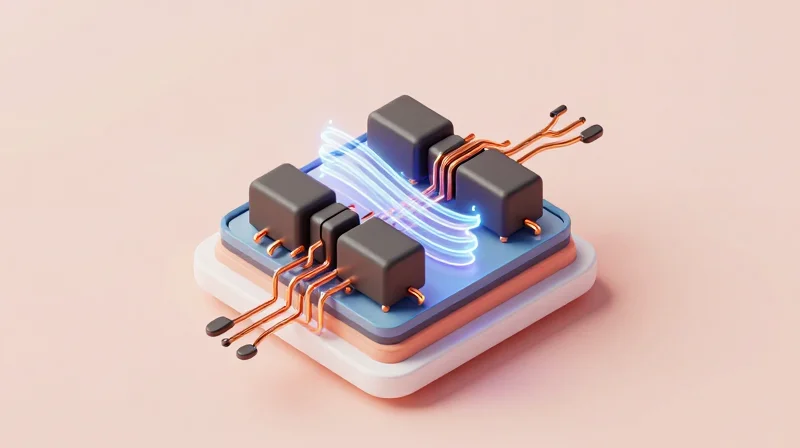 Advanced PWM Switching Noise Mitigation 3D visualization of electromagnetic field containment around high-current pulse circuits.