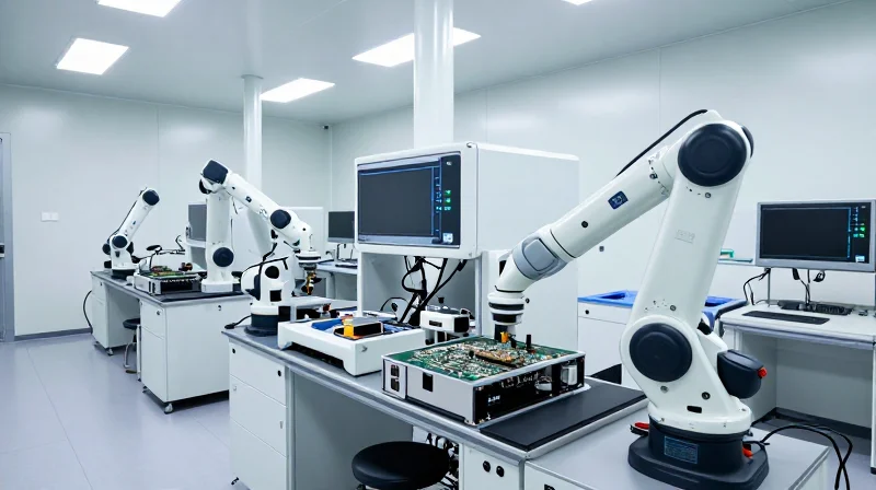 Manufacturing Precision: Cleanroom Capabilities and Cleanliness Standards A cleanroom environment for precision electronics manufacturing with robotic arms.