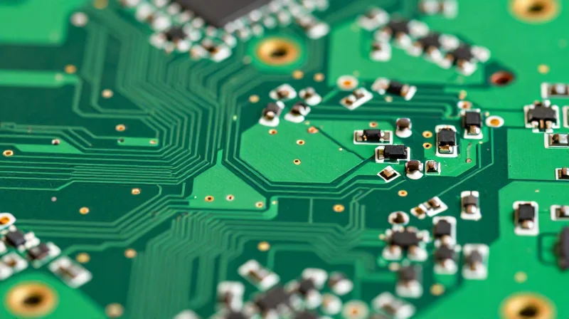 Traditional PCB Architectures: Limitations in a Shrinking Landscape Close-up of a traditional rigid green PCB motherboard with dense wiring and bulky components
