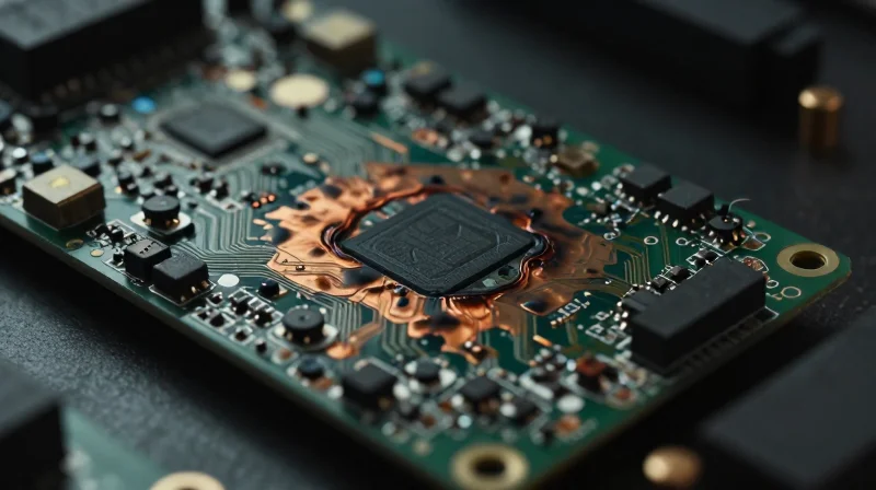 The Hidden Costs of Inefficient PCB Design A close-up view of an overheated printed circuit board showing thermal damage patterns.