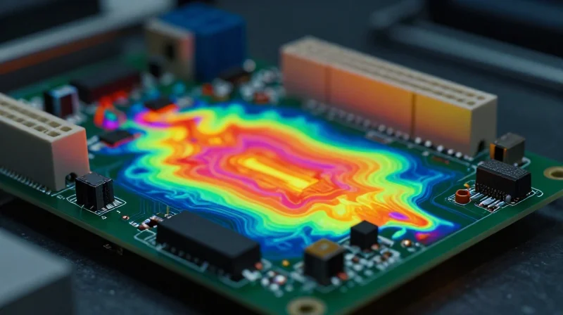 The Anatomy of High-Current PCB Failure Thermal imaging of a printed circuit board showing hot spots and heat degradation.