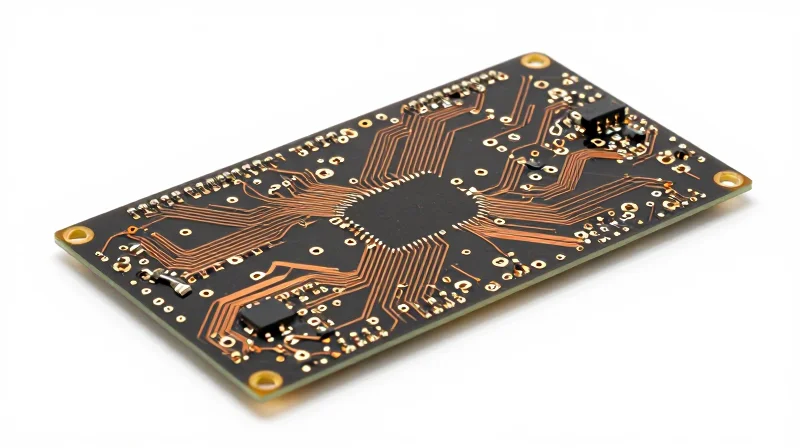 Trace Width Optimization and Current Carrying Capacity Clean studio shot of a copper PCB with wide conductive traces.