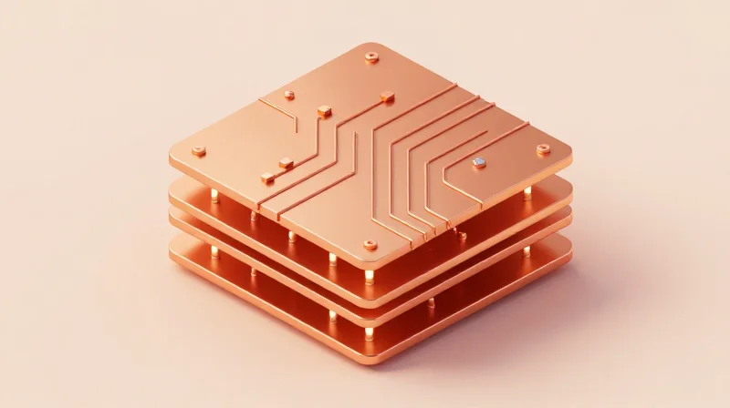 Advanced Thermal Management and Copper Stack-ups Isometric 3D model showing the layers of a high-current PCB.