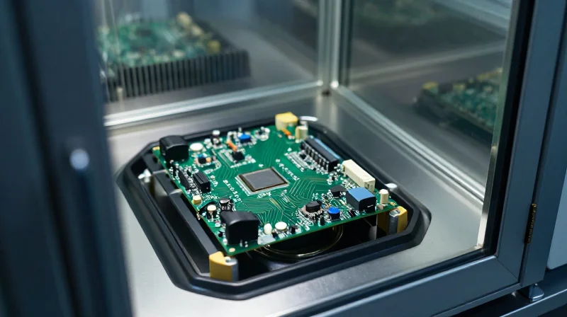Validating Reliability Through Accelerated Testing A circuit board inside a stress testing chamber.