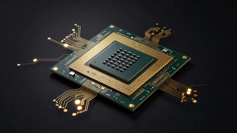 Intelligent Controllers: The Brain of the Wheelchair An advanced microprocessor circuit board representing the brain of an electric wheelchair, with glowing pathways.