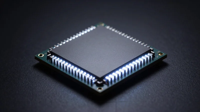 Semiconductor Innovations and Power Density A close-up of a high-performance semiconductor chip demonstrating heat dissipation and power density.
