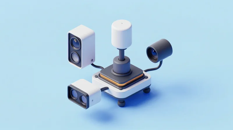 Sensor Fusion and Enhanced Safety Architectures An isometric 3D visualization showing a network of sensors connected to a central control unit for collision avoidance.