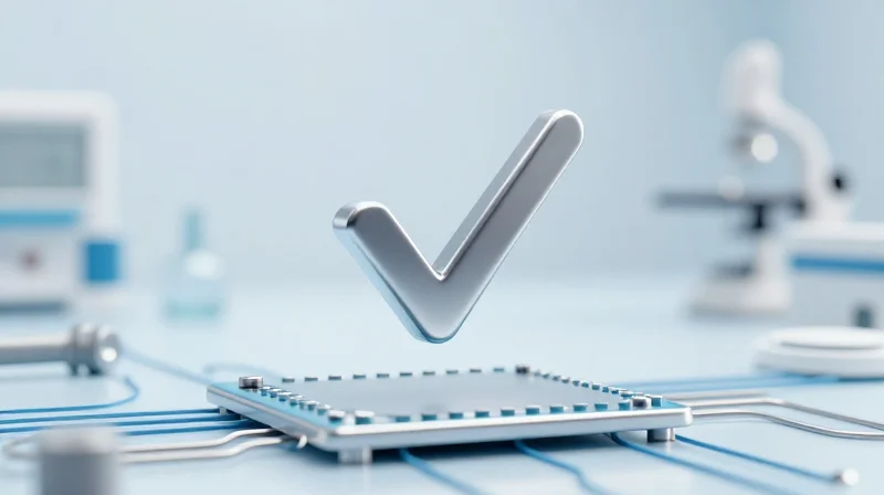 Prioritizing ISO 13485 Certification in Manufacturing An abstract representation of a quality management system checkmark formed by light beams over a sterile medical device component.