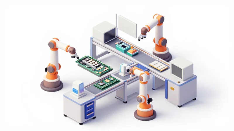 Design for Manufacturing (DFM) and Design for Reliability (DFR) An isometric view of a modular electronics assembly process showing clean, organized production stages.