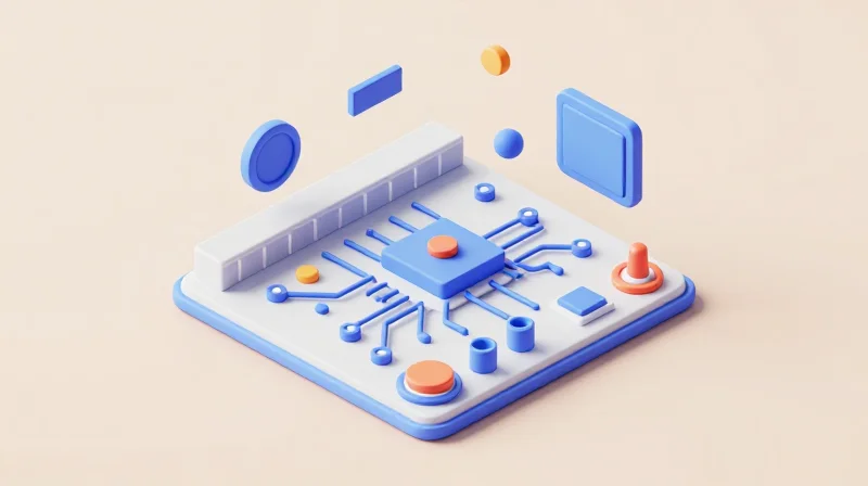Bridging the Gap Between Design and Manufacturability A 3D isometric representation of a complex circuit design merging into a manufacturing production line.