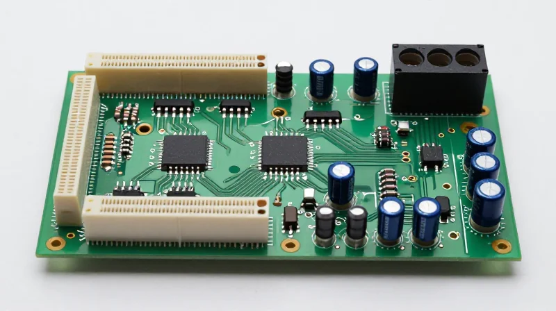 Anatomy of Legacy Analog Signal Chains A close-up view of a complex analog PCBA with discrete components like resistors, capacitors, and op-amps