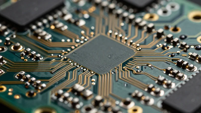 Evaluating HDI Technical Proficiency A close-up view of an intricate high-density interconnect PCB showing complex micro-via architectures and metallic circuit pathways