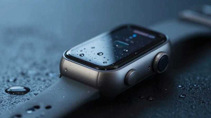 Advanced Material Selection for Durability Conceptual image of a wearable fitness tracker circuit exposed to moisture and environmental stress