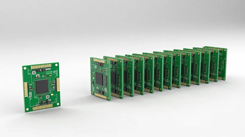 Prototyping to Mass Production Scalability A transition visualization showing a single PCB prototype evolving into a seamless row of manufactured units