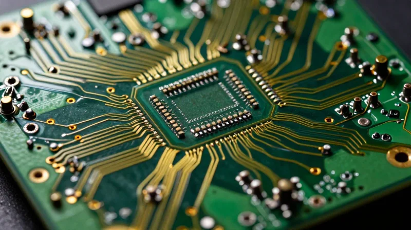 A close-up of a high-density interconnect PCB showing complex micro-vias and dense trace patterns under soft technical lighting.