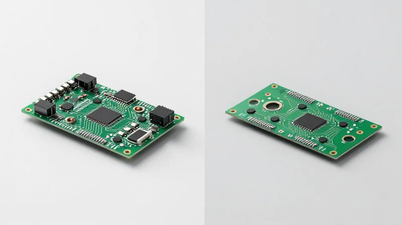 Split screen comparing a bulky traditional PCB and a compact HDI PCB.