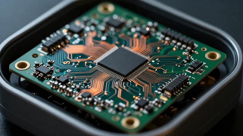 The Evolution of HDI in Modern Wearables A close-up view of a modern compact HDI circuit board inside a wearable device silhouette