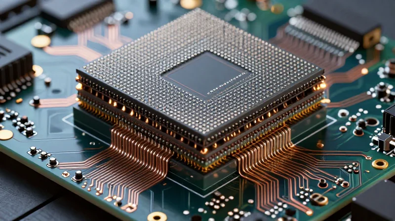 An abstract visualization of high-density interconnect PCB layers with micro-vias and dense component connections.
