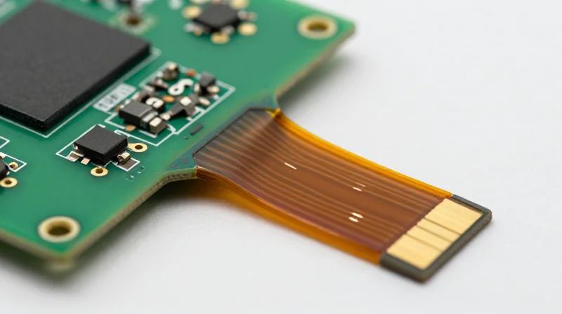 A close-up of a rigid-flex PCB showing the transition between stiff board and flexible polymer substrate.