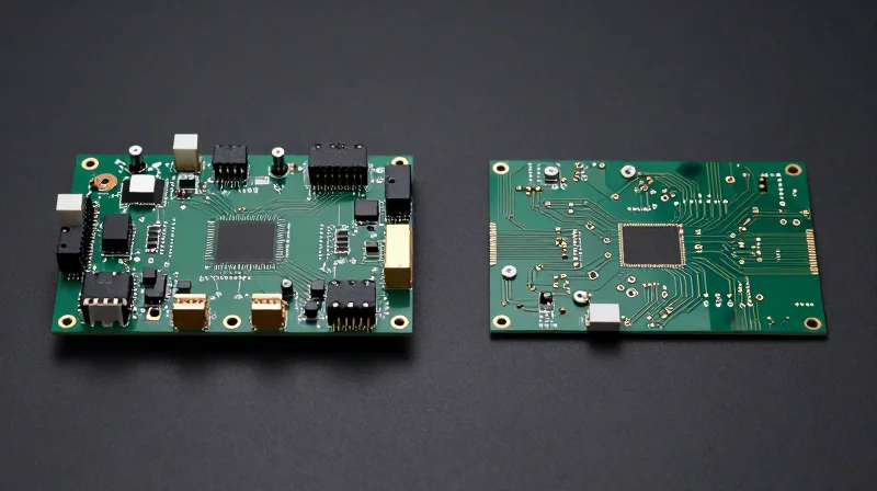Split-screen view showing a compact HDI motherboard on one side and a complex rigid-flex circuit assembly on the other.