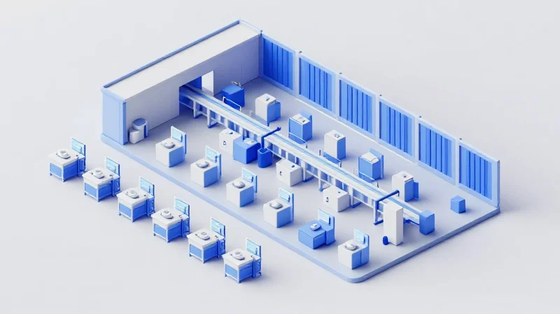 Assessing Scalability: From Prototype to Full-Scale Production An isometric view of a modular manufacturing assembly line transitioning from small prototypes to large-scale production.