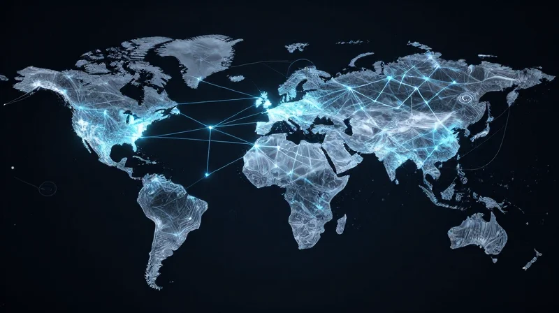 Supply Chain Transparency and Material Integrity A visual concept showing connected nodes and glowing pathways representing a transparent supply chain network.