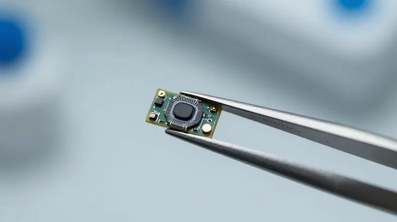 The Miniaturization Revolution in MedTech A highly detailed close-up of a tiny, sophisticated wearable medical sensor held by tweezers, showcasing intricate micro-circuitry.