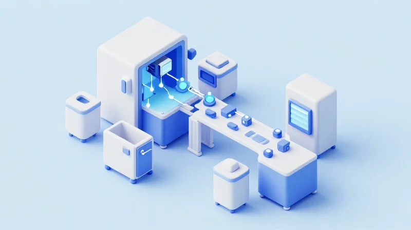 The Rise of Turnkey Box Build Solutions Isometric 3D view of a modern clean-room assembly line showing various medical device components being integrated into a finished unit.