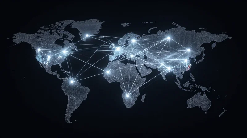 Supply Chain Resilience and Global Procurement Abstract visualization of a global supply chain network showing interconnected nodes across a world map layout.