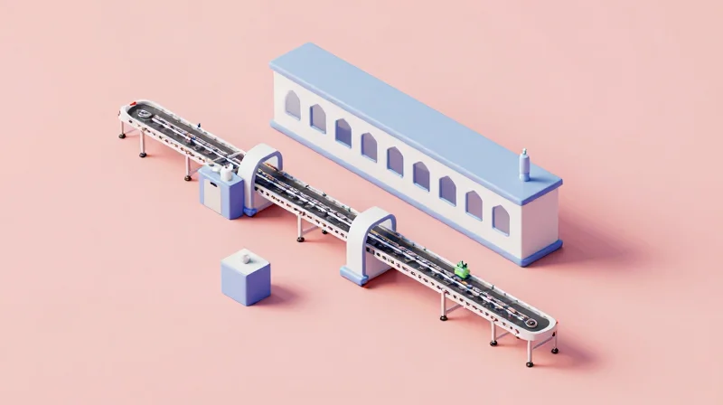 Scalability: From Prototype to Mass Production An isometric representation of a modular automated manufacturing line expanding from a single unit to mass production.