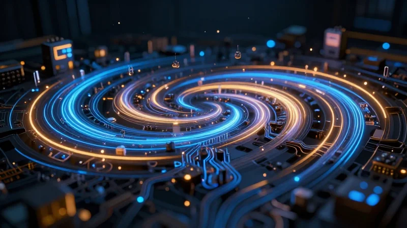 A abstract representation of complex electronic components and data streams illustrating manufacturing cost factors.