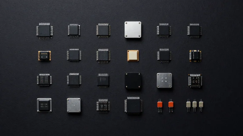A flat lay of various electronic components, sensors, and microchips organized neatly on a dark professional workspace.