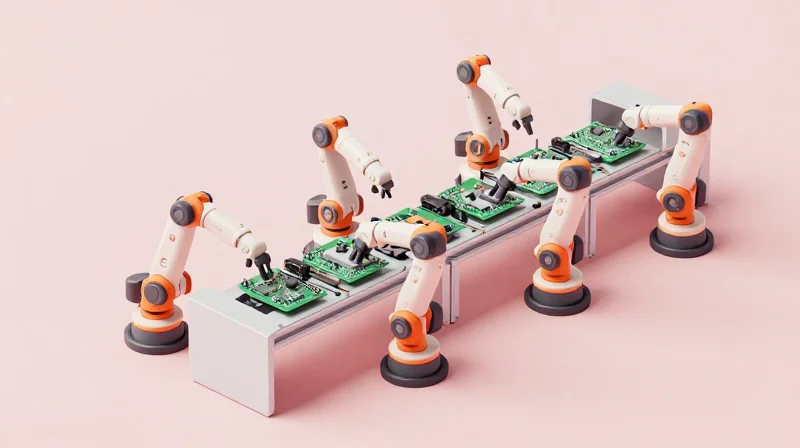 A 3D isometric visualization of a modular electronic assembly line with connected components.