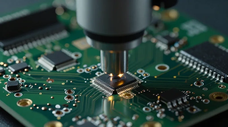 A macro shot of a high-tech printed circuit board inspection with glowing sensor overlays.
