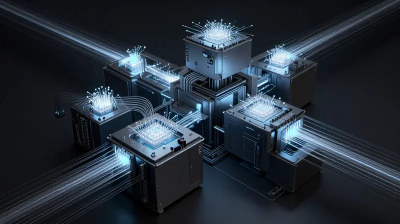 Abstract visualization of modular, scalable technology infrastructure and future manufacturing cells.