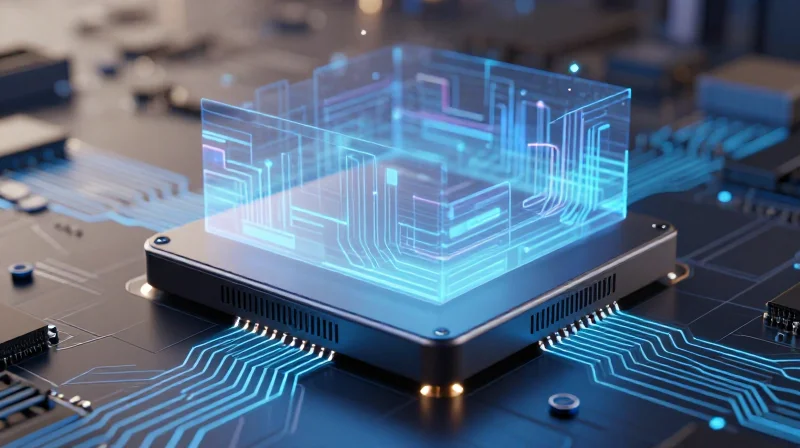 The Strategic Importance of DFM in IoT Ecosystems A sleek, high-tech abstract visualization of a printed circuit board being developed with precision engineering tools and glowing light paths, representing the efficiency of DFM in IoT design.