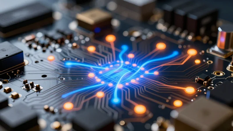 Advanced Thermal Management for Compact Enclosures Heat distribution conceptual visualization showing thermal paths and heat sinks on a dense electronic component board.