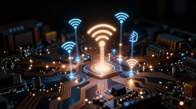 Optimizing Signal Integrity for Multi-Protocol Wireless Abstract representation of multi-protocol wireless signal waves interacting with a circuit board.