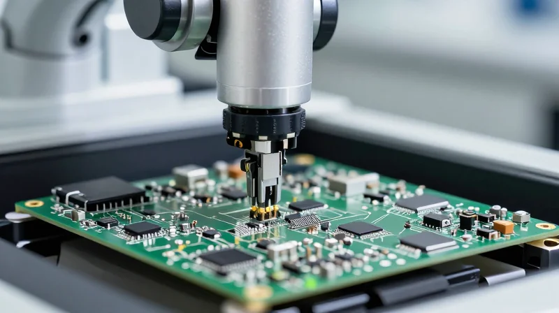 Mastering PCB Assembly Tolerances A close-up view of microscopic electronic components being precisely placed on a PCB surface.