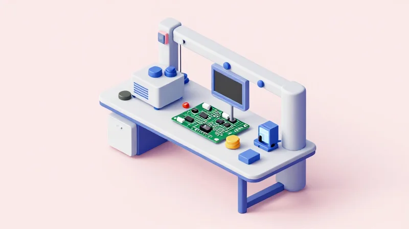 Testing for Reliability: In-Circuit and Functional Test Strategy Isometric 3D model showing a testing platform for circuit board quality assurance.