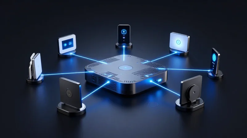 The Evolution of the Smart Home Gateway An abstract representation of a smart home gateway evolving from a simple bridge to an intelligent hub