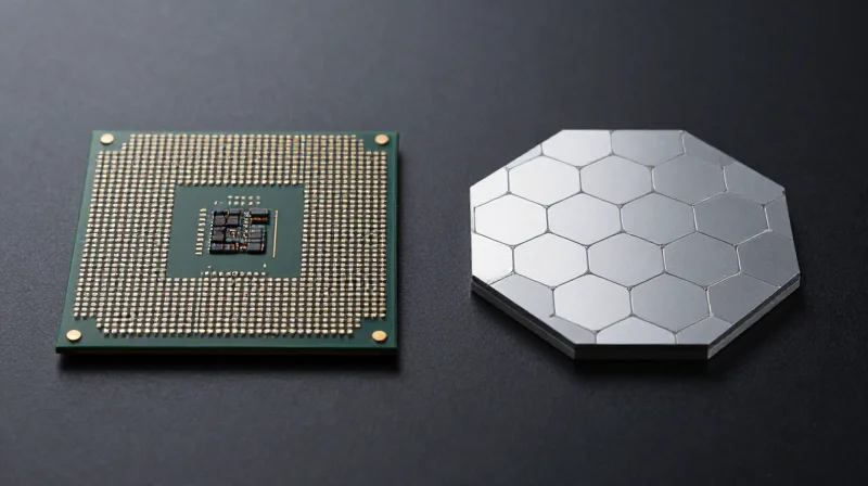 Comparing Hardware Architectures: ARM vs. RISC-V Two different hardware chips positioned side by side for a visual comparison