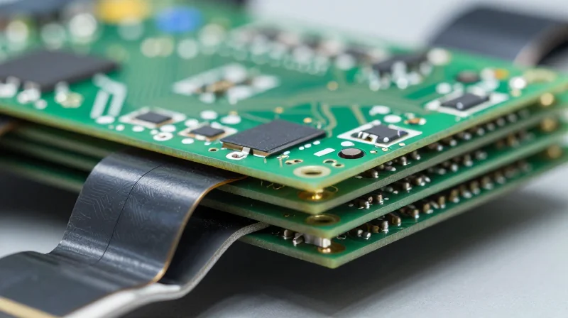 Evaluating Material Reliability and Standards A close-up of a high-tech rigid-flex printed circuit board showing intricate layered structure