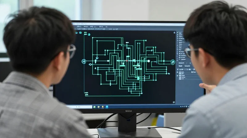 Design for Manufacturing (DFM) Support Two professional engineers reviewing a complex circuit design on a digital screen