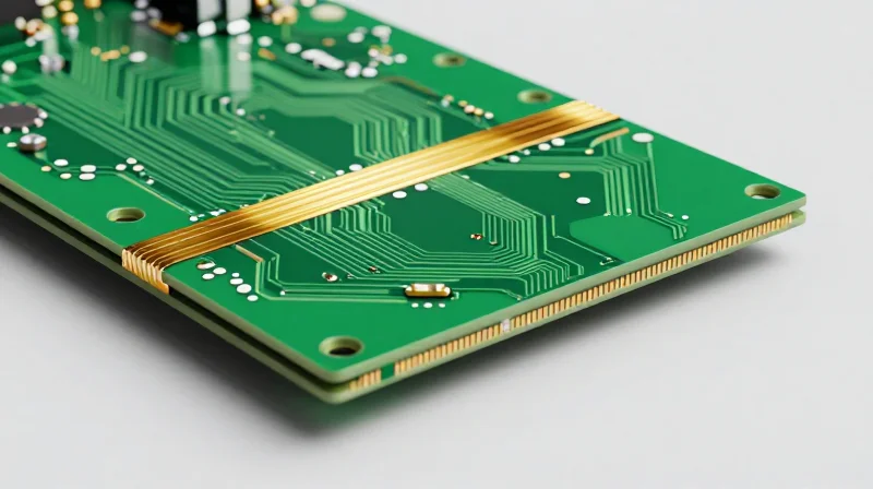 Understanding the Mechanics of Rigid-Flex Reliability A close-up 3D view of a rigid-flex PCB showing the transition between rigid boards and flexible polyimide layers.
