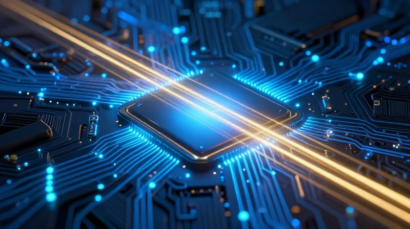 Signal Integrity in Dense, Multi-Layer Circuits Abstract representation of high-speed electronic signals passing through a circuit interface.