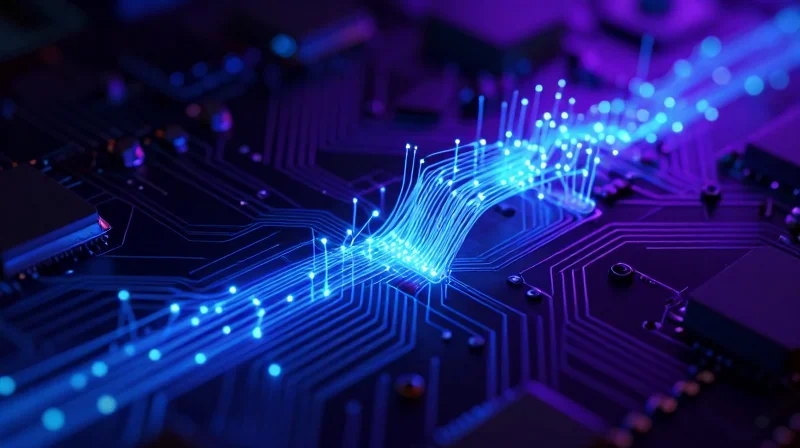 Material Innovations and Future Trends Abstract visualization of advanced dielectric materials and signal flow in high-speed circuits.
