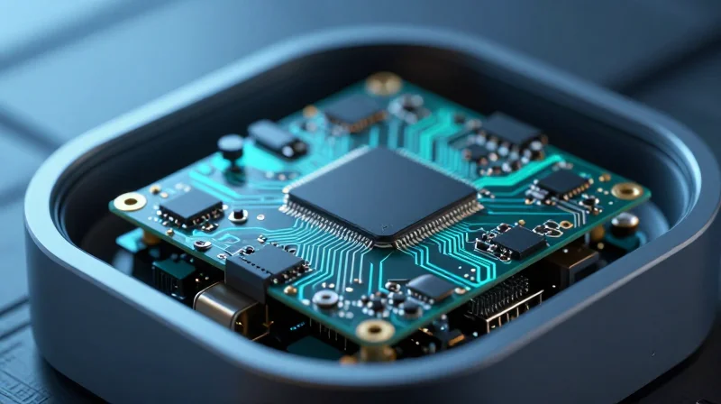 The Evolution of HDI for Immersive Tech Abstract visualization of advanced PCB layers in an AR headset form factor